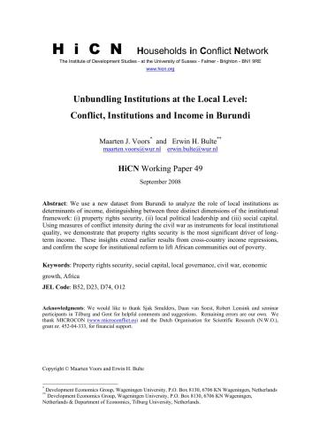 Unbundling Institutions at the Local Level: Conflict, Institutions and Income in Burundi