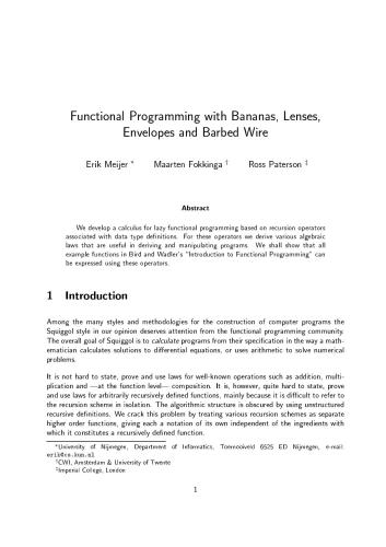 Functional Programming with Bananas, Lenses, Envelopes and Barbed Wire