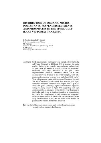 Distribution of organic micro-pollutants, suspended sediments and phosphates in the Speke Gulf (lake Victoria), Tanzania