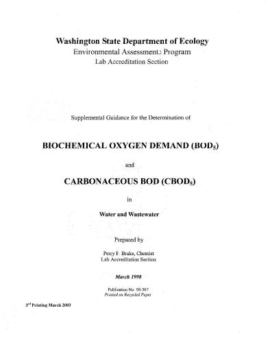 Supplemental Guidance for the Determination of biochemical oxygen demand (BODs) and carbonaceous BOD (CBODs) in Water and Wastewater