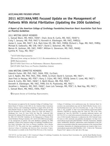 2011 ACCF/AHA/HRS Focused Update on the Management of Patients With Atrial Fibrillation (Updating the 2006 Guideline) A Report of the American College of Cardiology Foundation/American Heart Association Task Force on Practice Guidelines