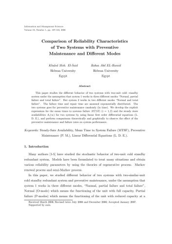 Comparison of Reliability Characteristics of Two Systems with Preventive Maintenance and Different Modes