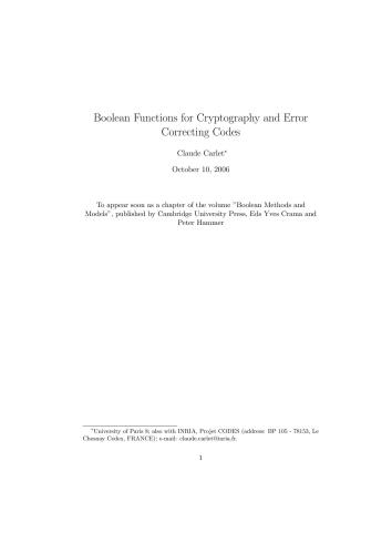 Boolean Functions for Cryptography and Error Correcting Codes