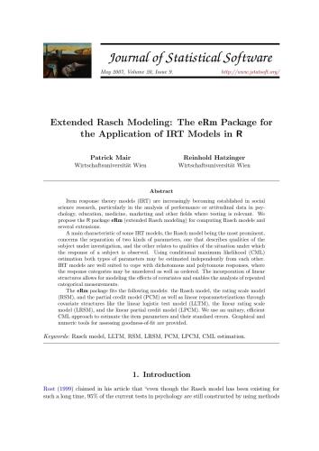 Extended Rasch Modeling: The eRm Package for the Application of IRT Models in R + Code