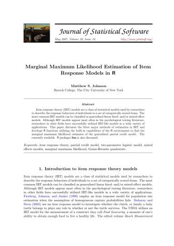 Marginal Maximum Likelihood Estimation of Item Response Models in R + Code