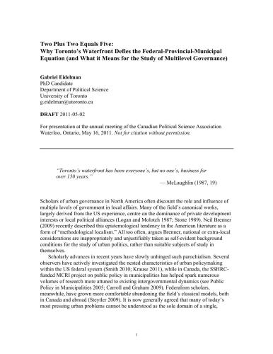 Two Plus Two Equals Five: Why Toronto’s Waterfront Defies the Federal-Provincial-Municipal Equation (and What it Means for the Study of Multilevel Governance)