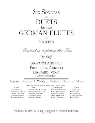 Six sonatas or duets for two german flutes or violins. Дуэты. Ноты для флейты или скрипки