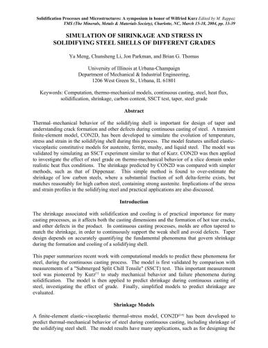 Simulation of shrinkage and stress in solidifying steel shells of different grades