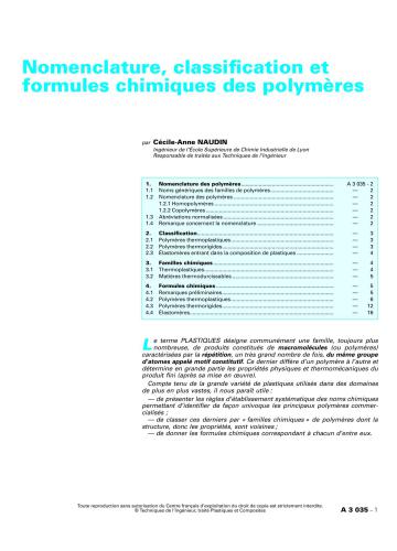 Nomenclature, classification et formules chimiques des polymères