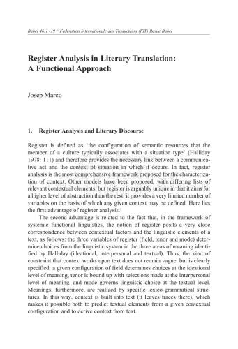 Register Analysis in Literary Translation: A Functional Approach