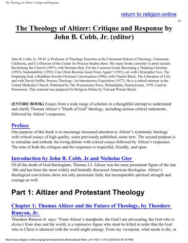 The Theology of Altizer: Critique and Response