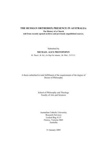 The Russian Orthodox Presence in Australia: The History of a Church told from recently opened archives and previously unpublished sources