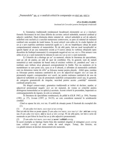 Numeralele un, o: o analiză critică în comparaţie cu nici un, nici o