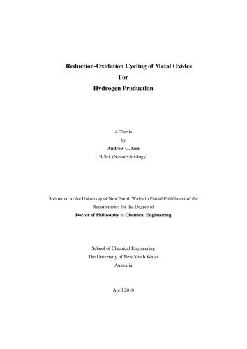 A Thesis Reduction-Oxidation Cycling of Metal Oxides For Hydrogen Production