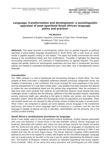 Language, transformation and development: a sociolinguistic appraisal of post-apartheid South African language policy and practice