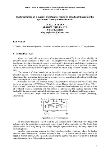 Implementation of a current transformer model in Simulink based on the Hysteresis Theory of Gilet-Eserton