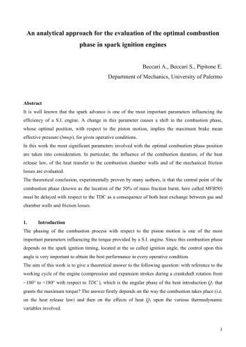 An Analytical Approach for the Evaluation of the Optimal Combustion Phase in Spark Ignition Engines