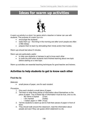 Teacher Training Guide: Ideas for Warm Up Activities