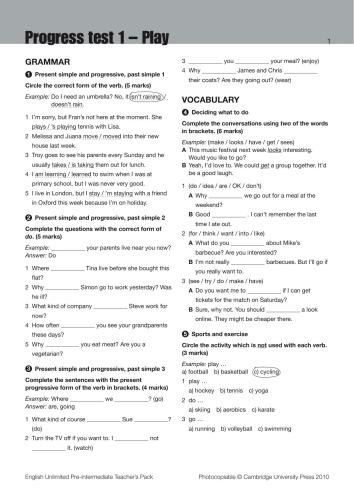 English Unlimited. Pre-Intermediate B1. Progress Tests 1-14. Answers