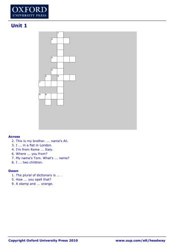 New Headway Elementary Crossword. Unit 01