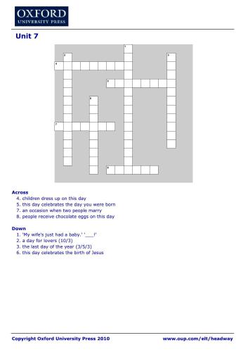 New Headway Elementary Crossword. Unit 07