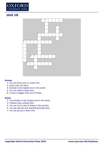 New Headway Elementary Crossword. Unit 10