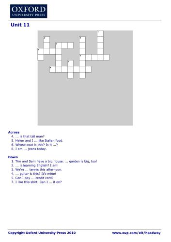 New Headway Elementary Crossword. Unit 11