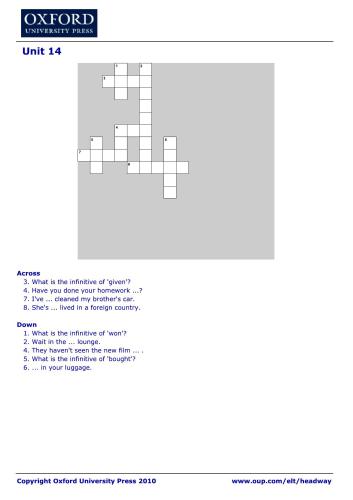 New Headway Elementary Crossword. Unit 14