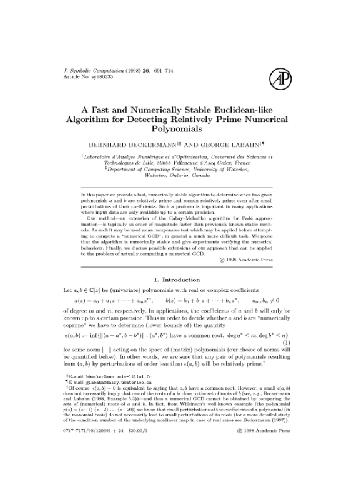 Euclidean algorithm for numerical polynomial GCD. JSC 1998