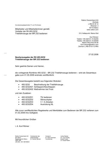 Richtlinie 493.0232. Triebfahrzeuge der BR 232 bedienen