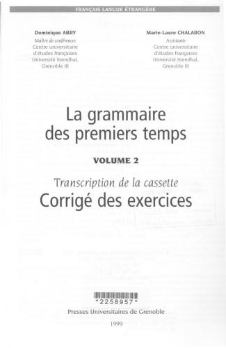 La grammaire des premiers temps (volume 2) - Corrigés