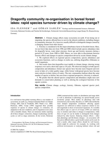 Dragonfly community re-organisation in boreal forest lakes: rapid species turnover driven by climate change?