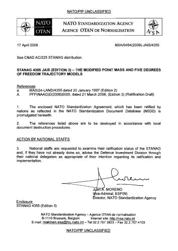 STANAG 4355 - The modified point mass and five degrees of freedom trajectory models. Edition 3