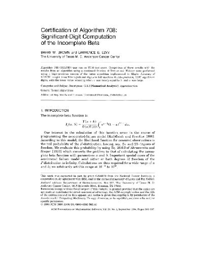 Certification of algorithm 708, incomplete beta