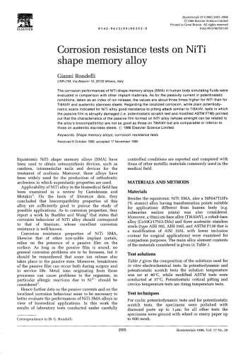 Corrozion resistance test on NiTi shape memory alloy