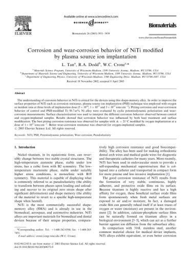 Corrosion and wear-corrosion behavior of NiTi modiﬁed by plasma source ion implantation