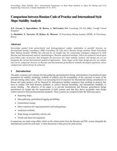 Comparison between Russian Code of Practice and International Style Slope Stability Analysis