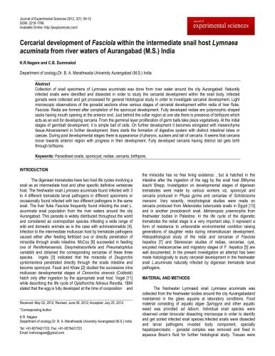 Cercarial development of Fasciola within the intermediate snail host Lymnaea acuminata from river waters of Aurangabad (M.S.) India