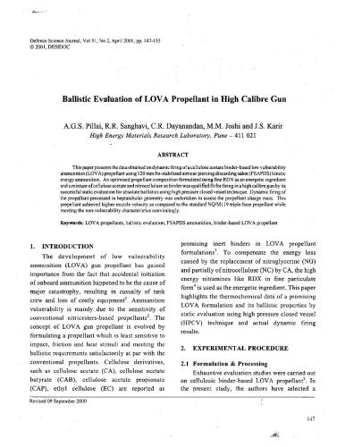 Ballistic evaluation of LOVA propellant in high calibre gun