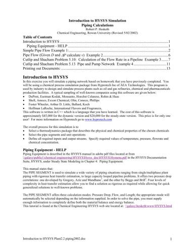 Introduction to HYSYS Simulation Piping Calculations