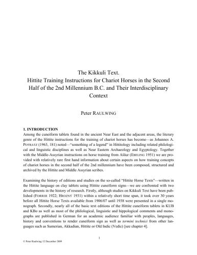 The Kikkuli Text. Hittite Training Instructions for Chariot Horses in the Second Half of the 2nd Millennium B.C. and Their Interdisciplinary Context