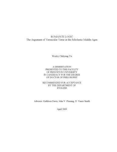 Romance Logic: The Argument of Vernacular Verse in the Scholastic Middle Ages [PhD thesis]