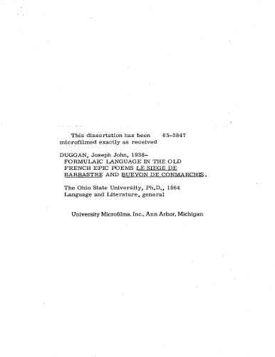 Formulaic language in the Old French epic poems Le siège de Barbastre and Buevon de Conmarchis [PhD thesis]