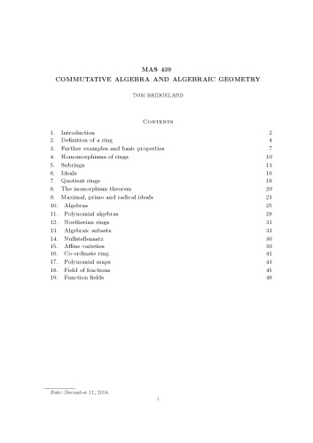 MAS 439 Commutative Algebra and Algebraic Geometry [Lecture notes]