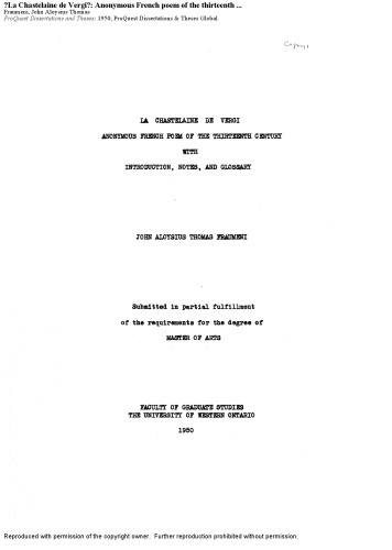 “La Chastelaine de Vergi”: Anonymous French poem of the thirteenth century with introduction, notes, and glossary