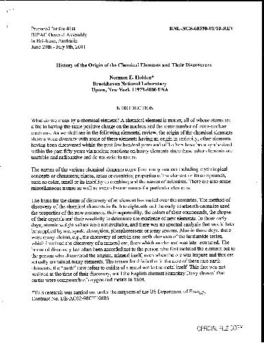 Chemistry History Of The Origin Of The Chemical Elements And Their Discoverers Bnl