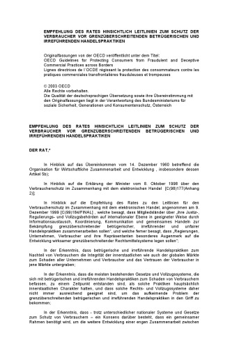 OECD guidelines for protecting consumers from fraudulent and deceptive commercial practices across borders = Les lignes directrices de l’OCDE régissant la protection des consommateurs contre les pratiques commerciales transfrontières frauduleuses et trompeuses.