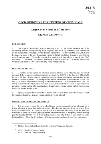 Test No. 302B: Inherent Biodegradability: Zahn-Wellens/ EVPA Test