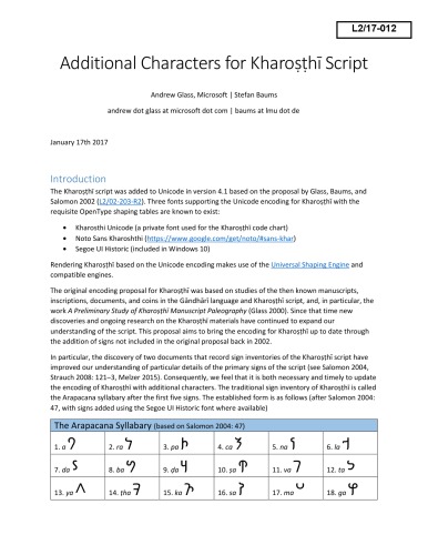 Additional Characters for Kharoṣṭhī Script