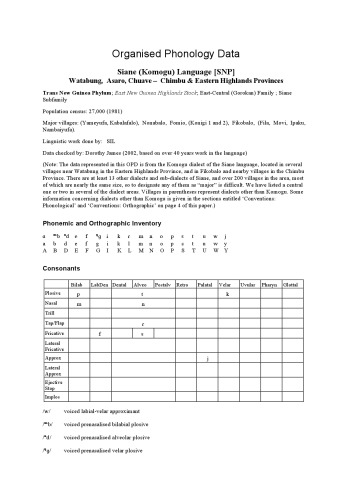 Organised Phonology Data. Siane (Komogu) Language [SNP]. Watabung, Asaro, Chuave – Chimbu & Eastern Highlands Provinces